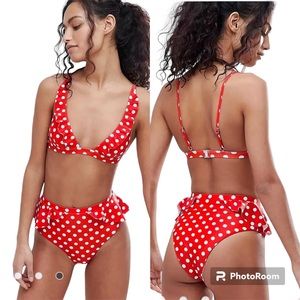 South Beach Red and White Polka Dot Ruffle Bikini Swimsuit Bathing Suit